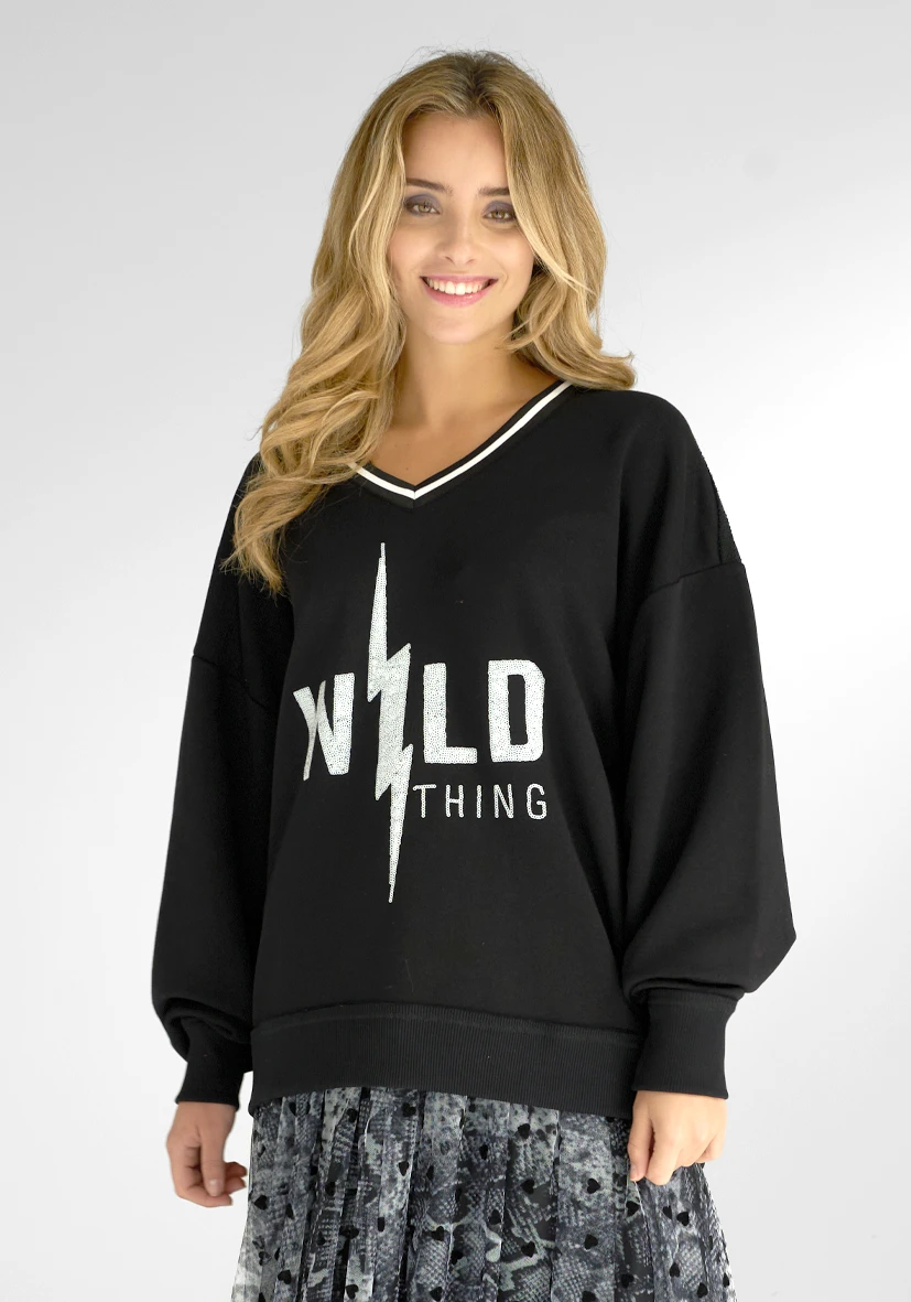 Sudadera ancho con escote en V y lentejuelas Wild Thing – negro