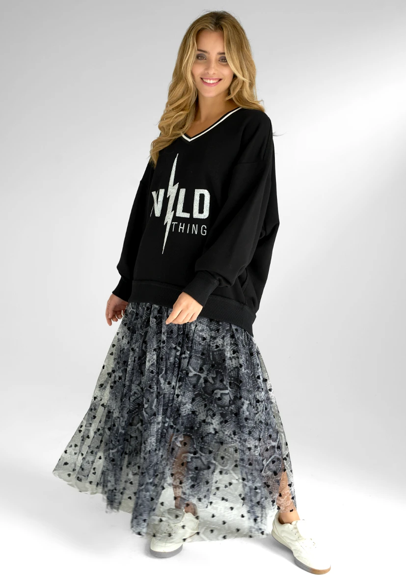 Sudadera ancho con escote en V y lentejuelas Wild Thing – negro