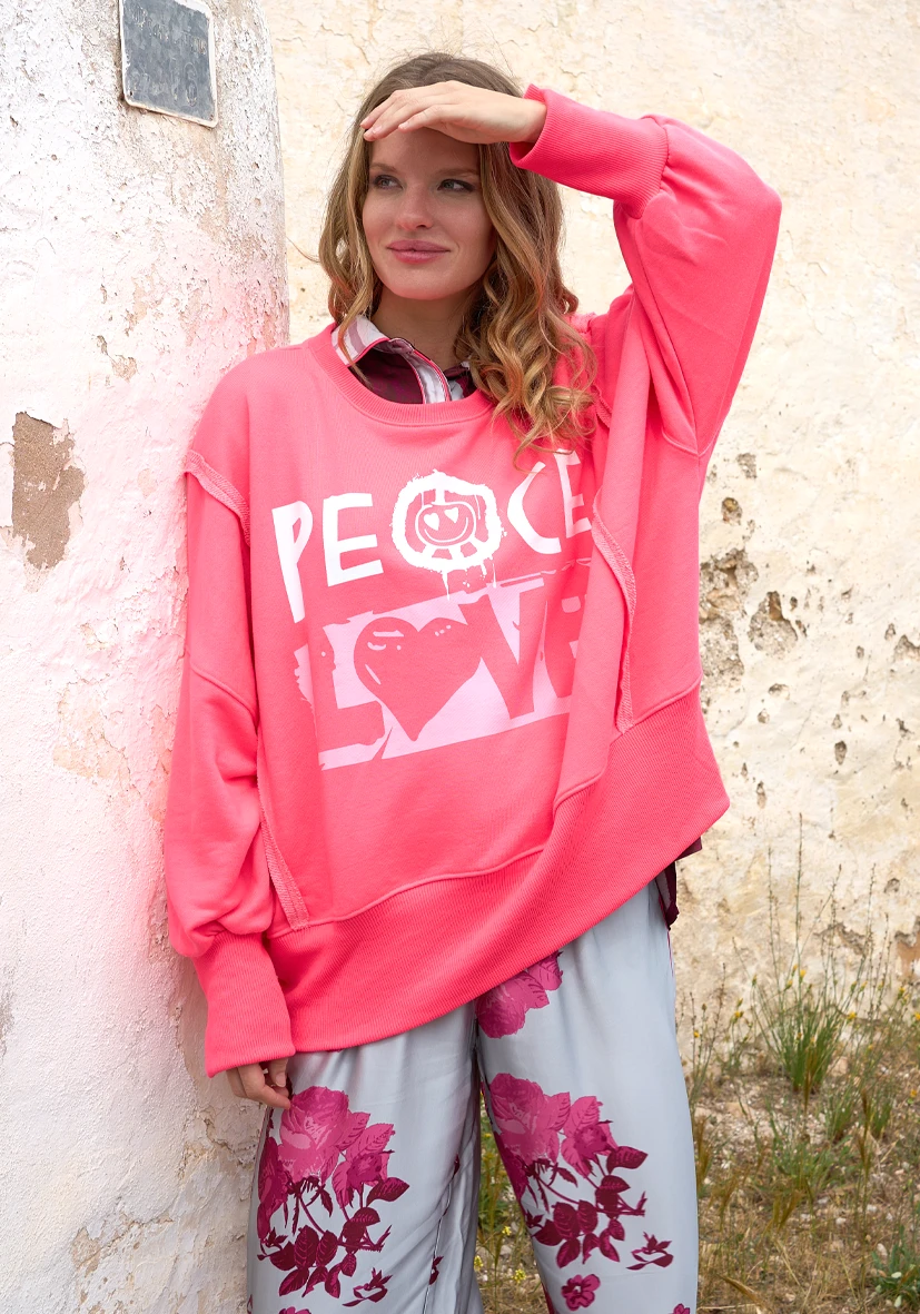 Cuello redondo ancho Peace and Love – rosa neón