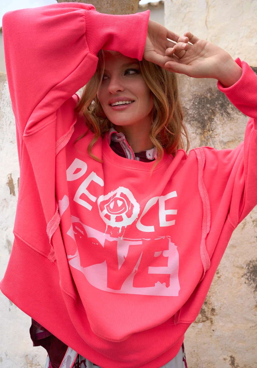 Cuello redondo ancho Peace and Love – rosa neón