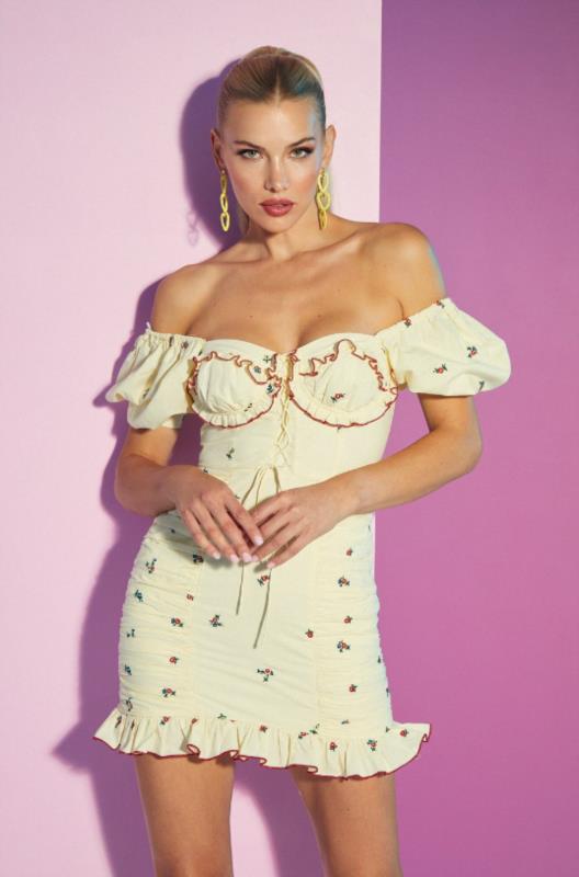 VESTIDO LE CRUEL DRAPEADO FLORES BORDADAS AMARILLO
