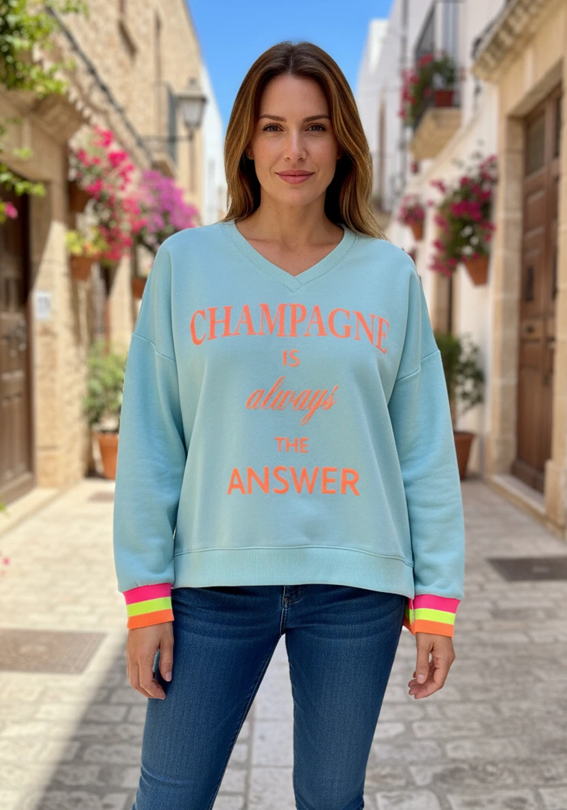 Sudadera escote en V champán – azul claro