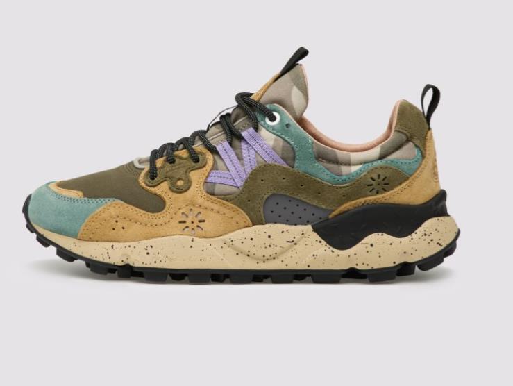 YAMANO 3 MAN Suede and technical fabric sneakers - camo petrol