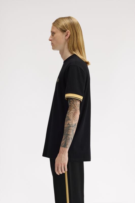 Camiseta con puños con el ribete con dos franjas BLACK/CHAMPAN