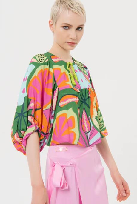 Short blouse wide fit FRACOMINA with tropical pattern