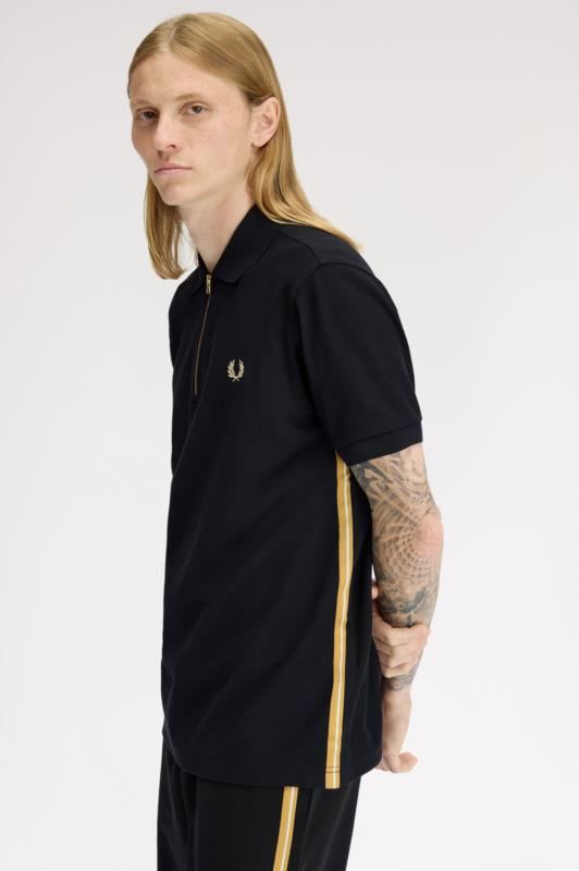 POLO de Punto FRED PERRY con cinta deportiva a rayas Negro/Champan
